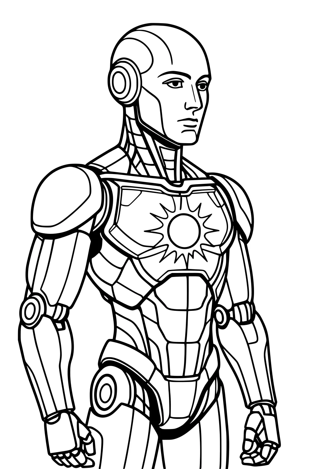 Humanoid android with sun emblem chest, detailed sci-fi armor, round joints and calm face, three-quarter view, outline line art.
