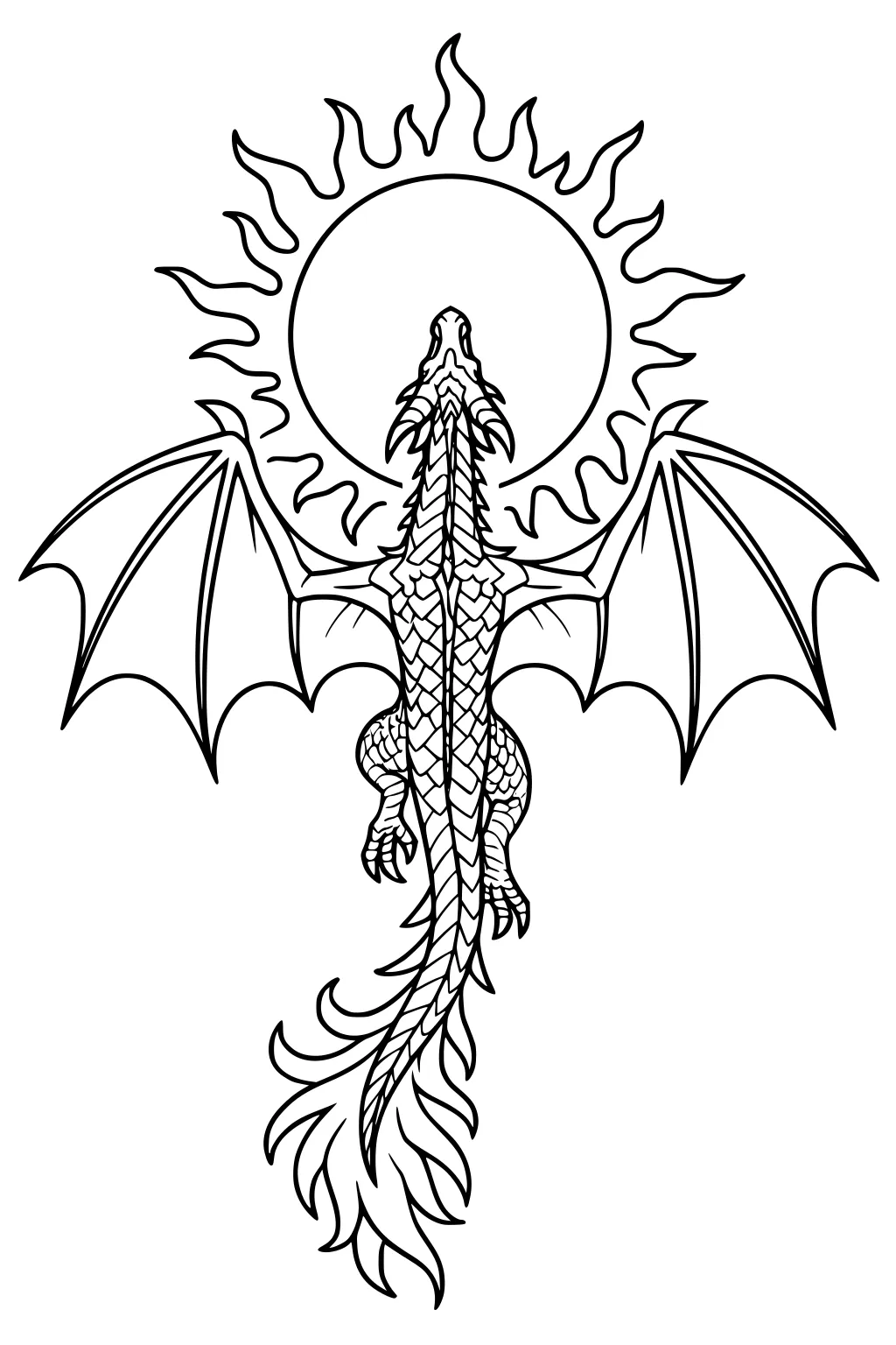 Dragon seen from behind with wide wings flying toward a flaming sun circle, scaly body and long flowing tail.