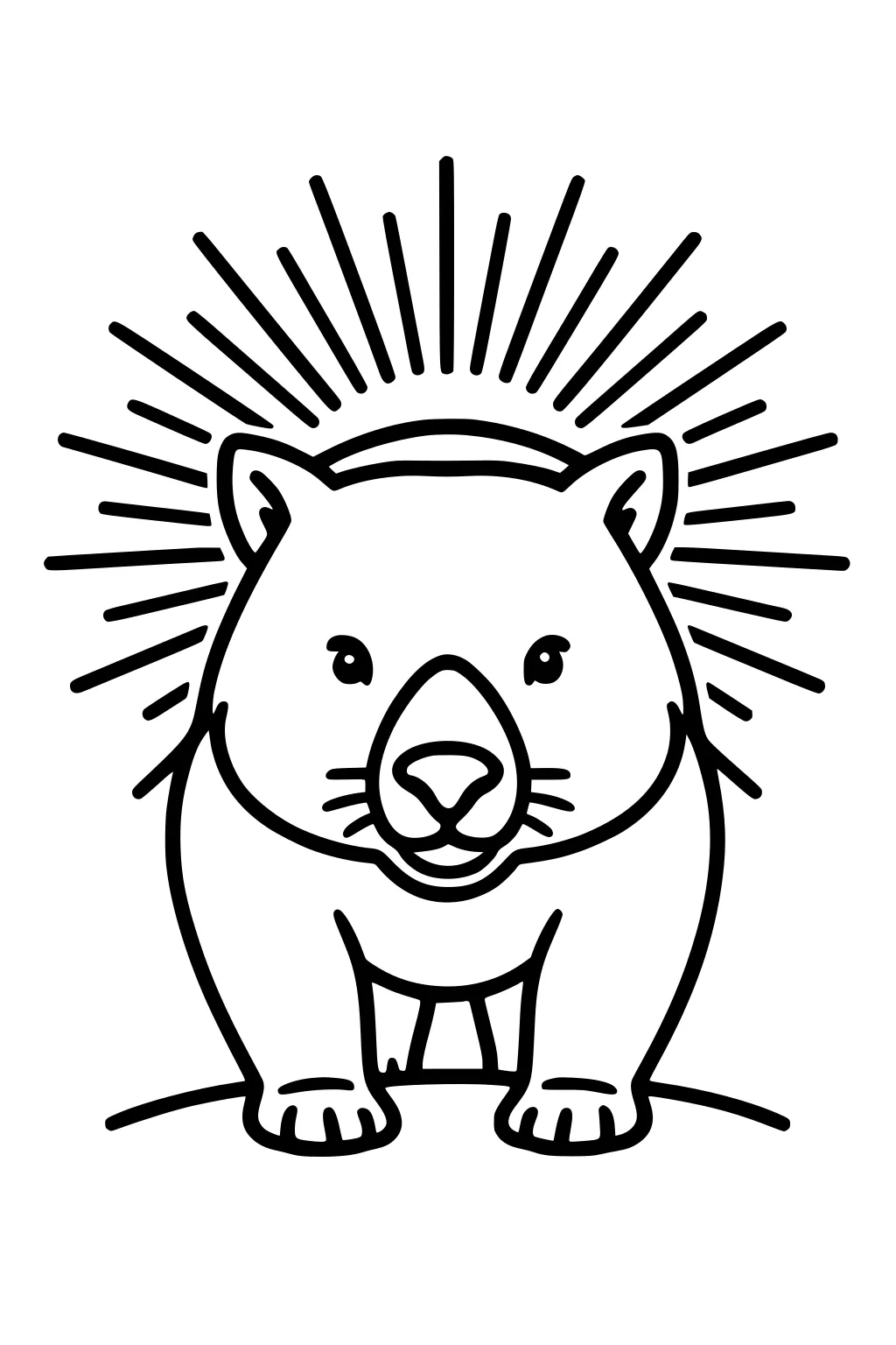 Front-view cartoon wombat on a small hill with sunburst lines behind its head, drawn with bold outlines.