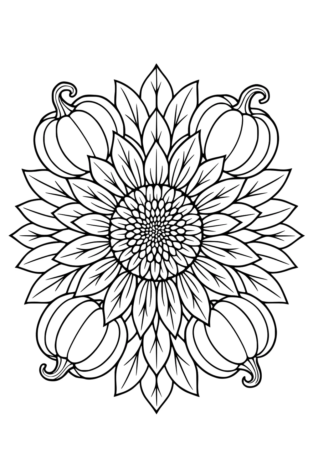 Large sunflower with layered petals at center, surrounded by four pumpkins with curly stems in clean line art.