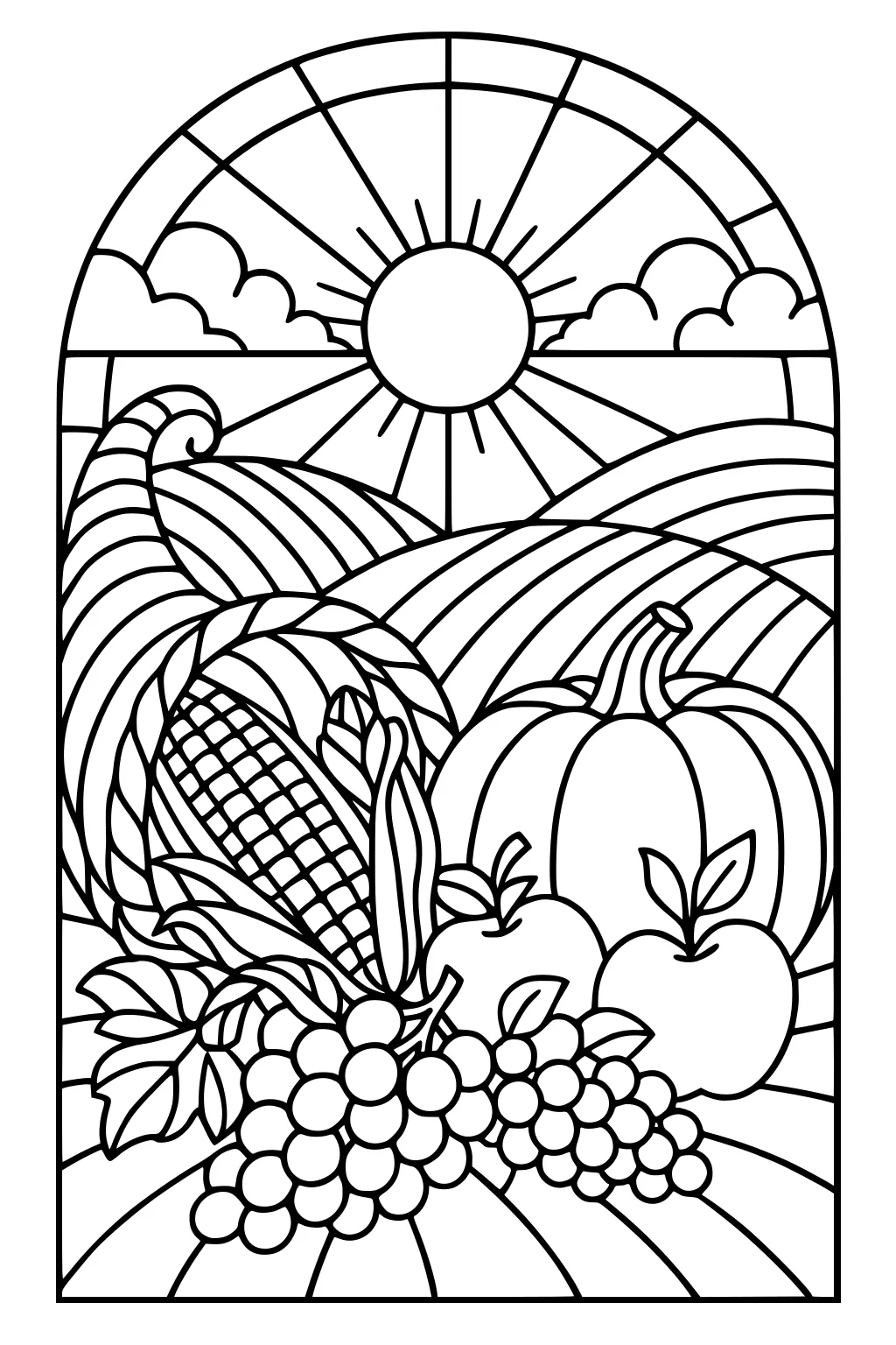 Cornucopia with corn and grapes beside a pumpkin and apples under a bright sun with rays over striped fields and clouds.