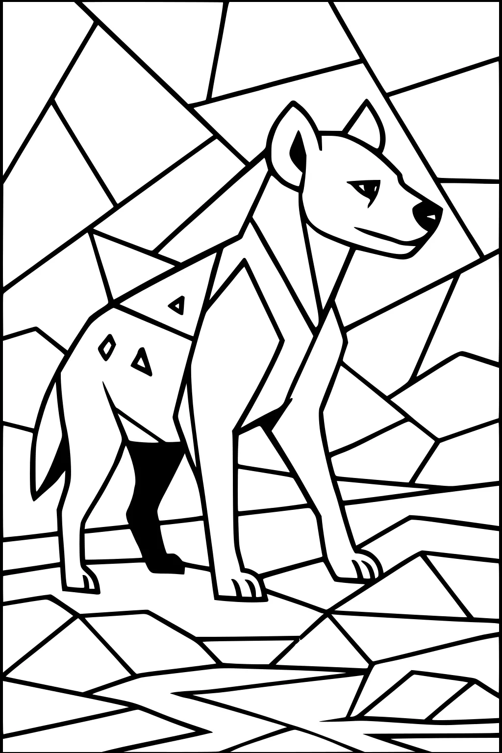 Stylized hyena standing on geometric ground with sharp shapes and triangles in the background.