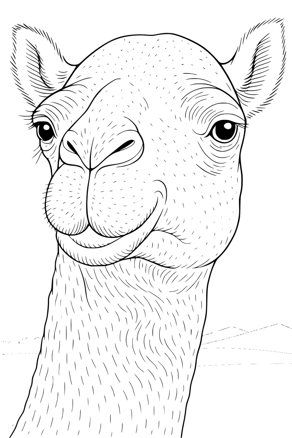 Camel head and neck up close with shaggy fur, big eyes, smiling mouth, and desert background with hills.