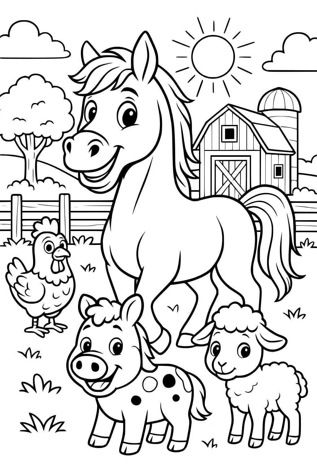 Smiling horse, piglet, lamb, and chicken in a sunny farmyard with barn and silo behind them.
