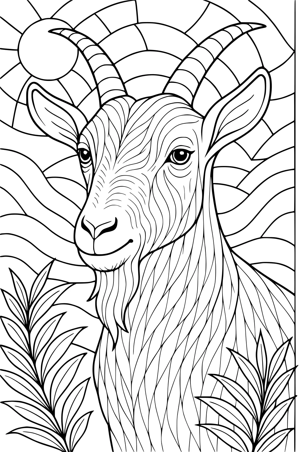 A goat with striped horns and wavy fur stands between leafy plants under a sun with a background of curved lines.