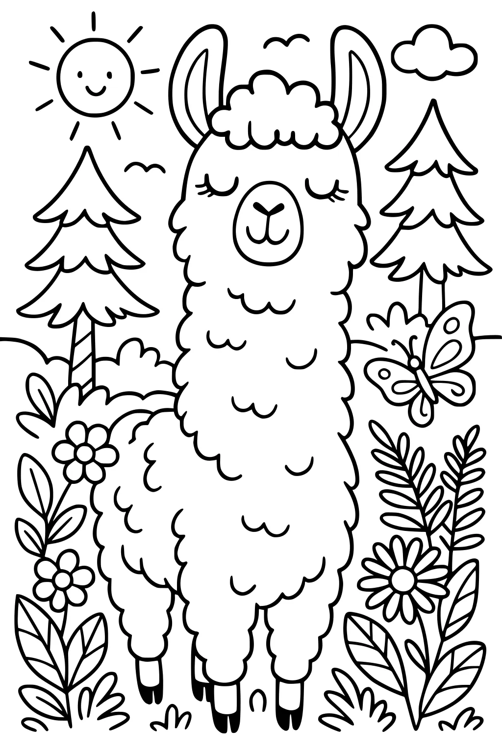 Cartoon llama with closed eyes stands in a sunny field with pine trees, flowers, a butterfly, and birds in the sky.