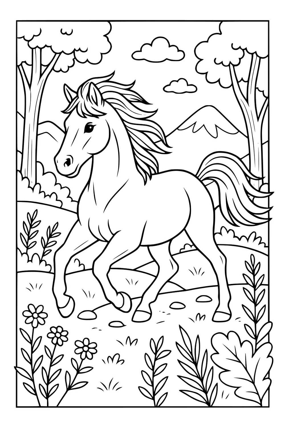 Horse trotting through a meadow path, surrounded by wildflowers, grass, trees, and distant mountains under a cloudy sky.