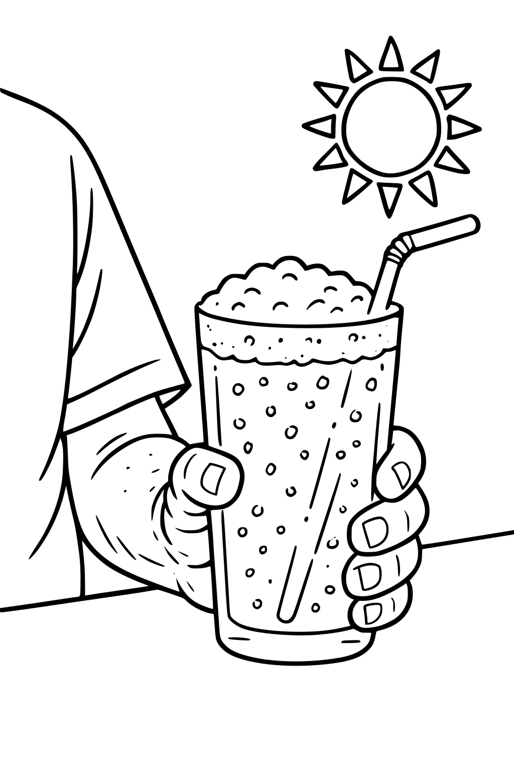Grandpa in short-sleeve shirt holding a bubbly drink with straw and foam at a table, with a simple sun in the corner.