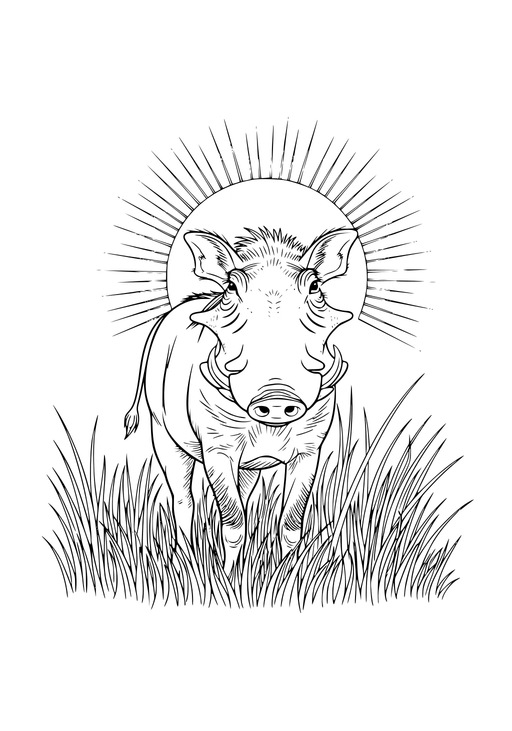 Warthog with bristly fur and long tusks stands in tall grass with the sun and sun rays behind it.