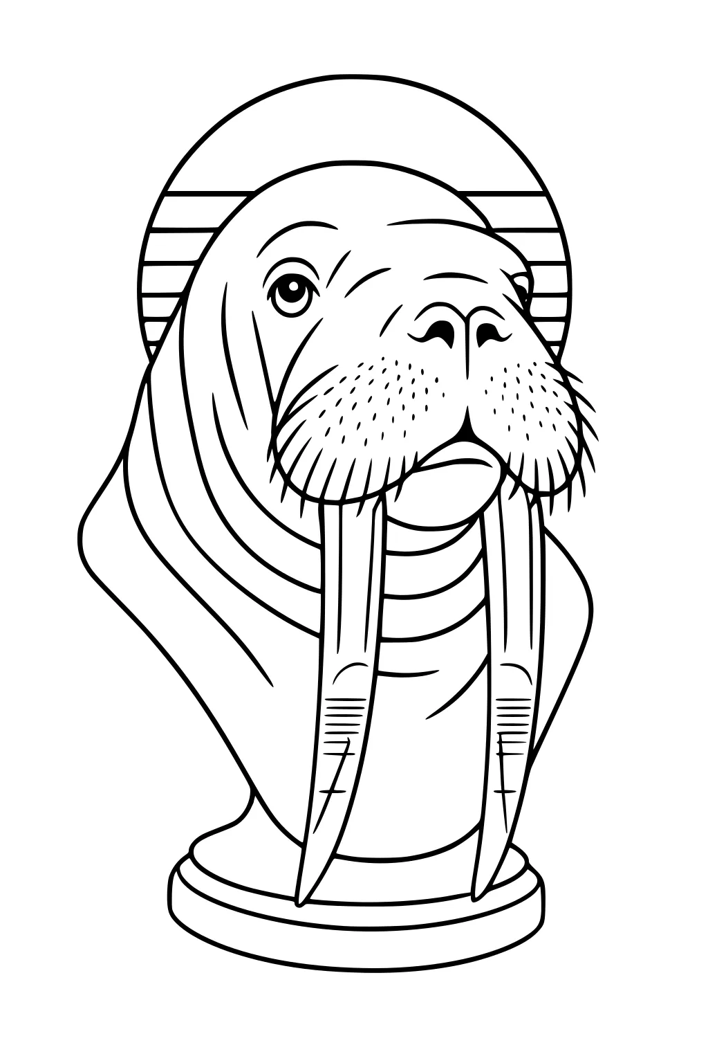 Black outline drawing of a walrus bust with long tusks and a striped circle behind its head.