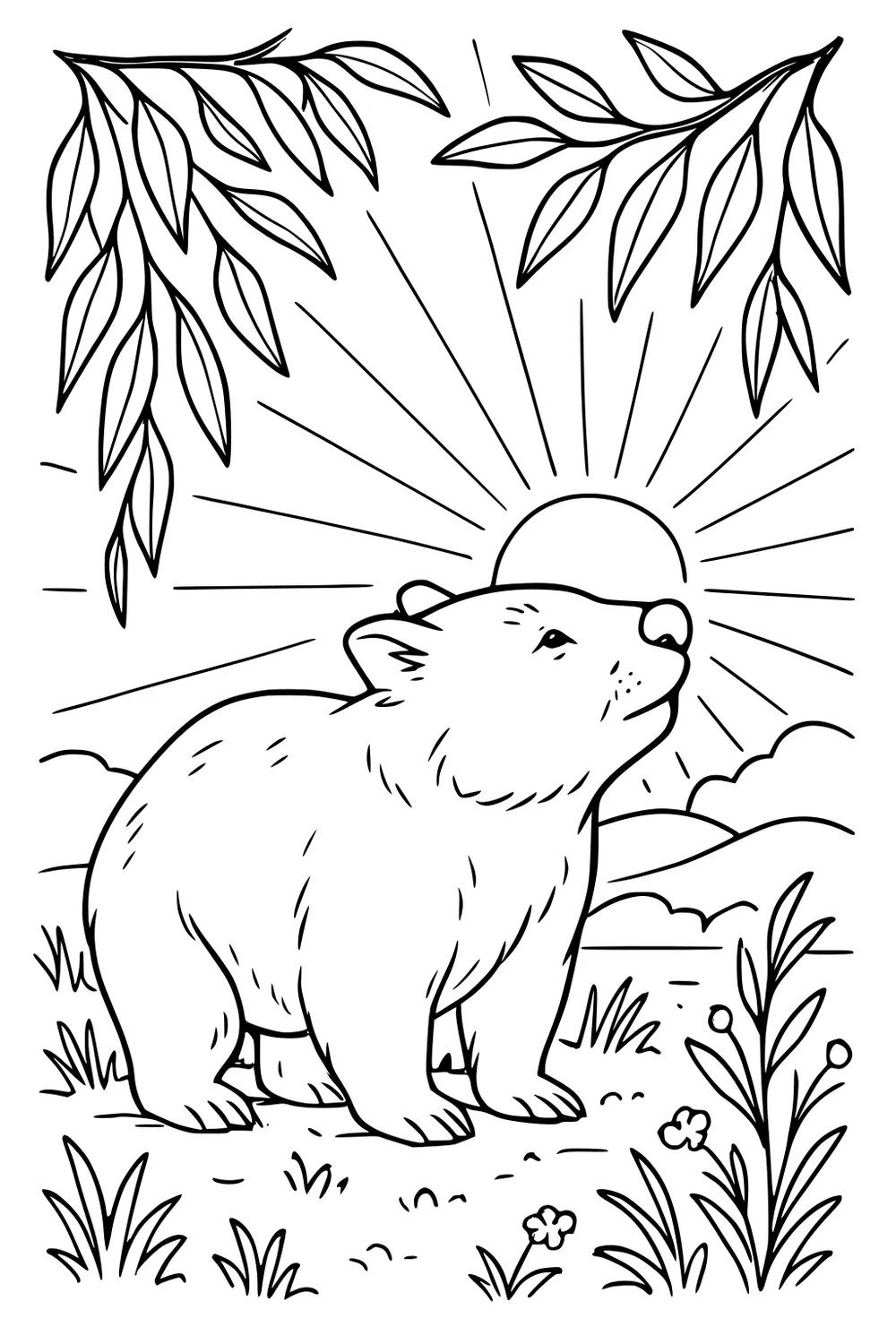 Wombat stands in grass under hanging leaves with sun rays behind, distant hills and clouds, and small flowers near his paws.