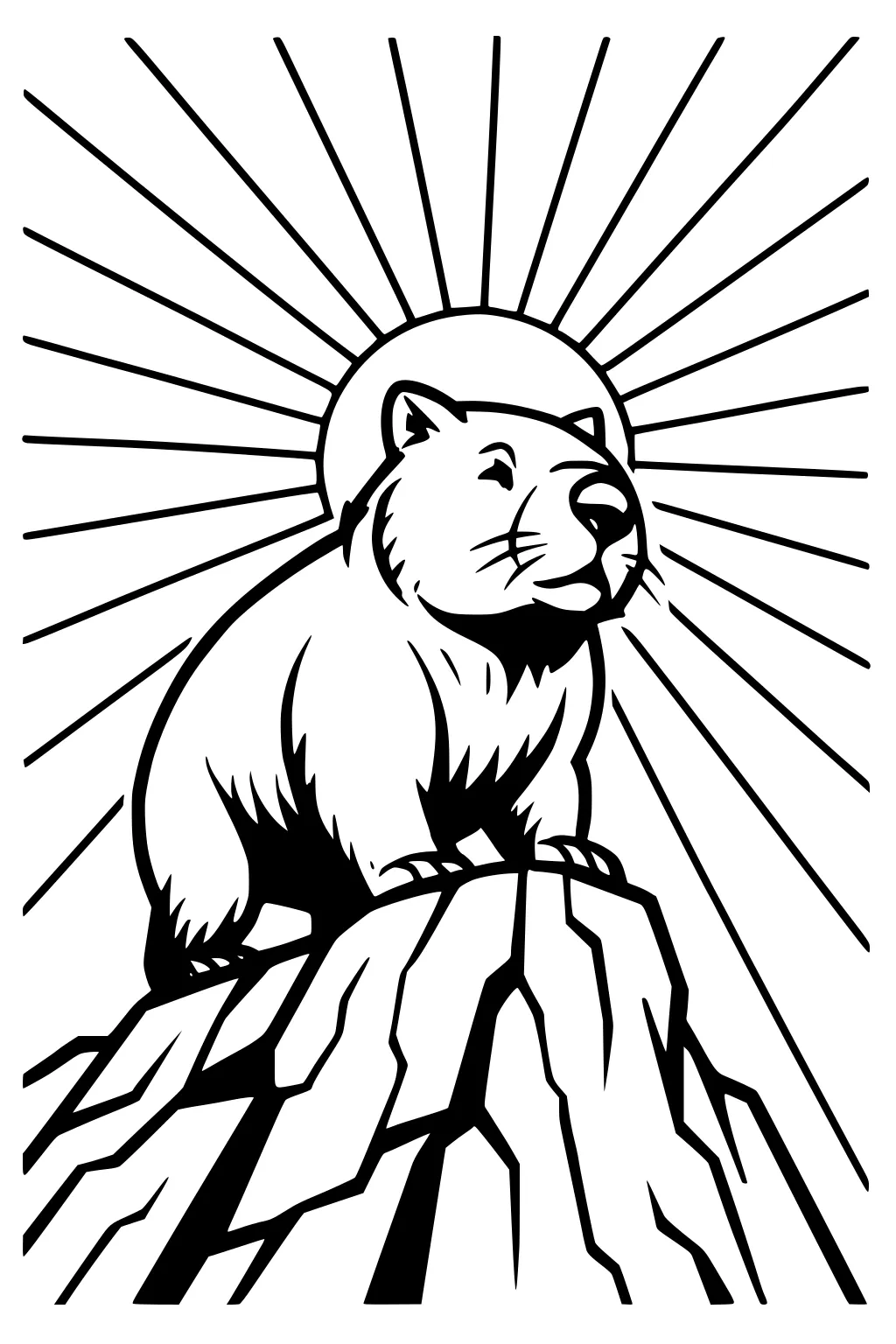 Wombat on a rocky cliff with a round sun and long rays behind, bold outlines, sturdy paws, whiskers, and thick fur.