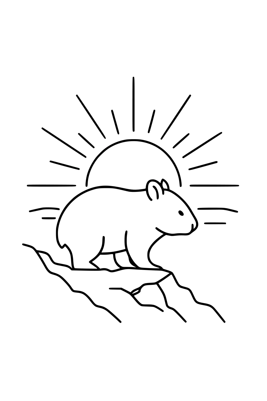 Simple outline of a wombat walking on rocky ledge with a half sun and radiating rays behind; thick lines and open spaces.