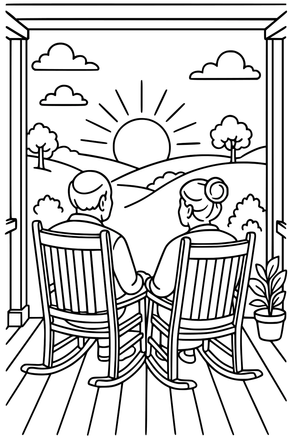 Older couple in rocking chairs on a porch watching a sunset over hills, with clouds, trees, porch posts, and a potted plant.