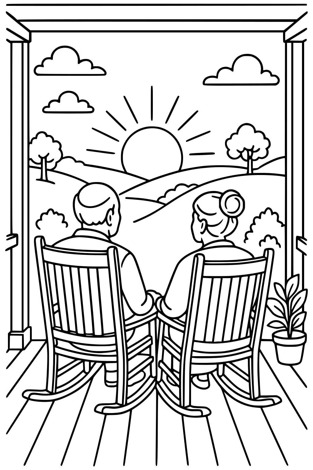 Older couple in rocking chairs on a porch watching a sunset over hills, with clouds, trees, porch posts, and a potted plant.