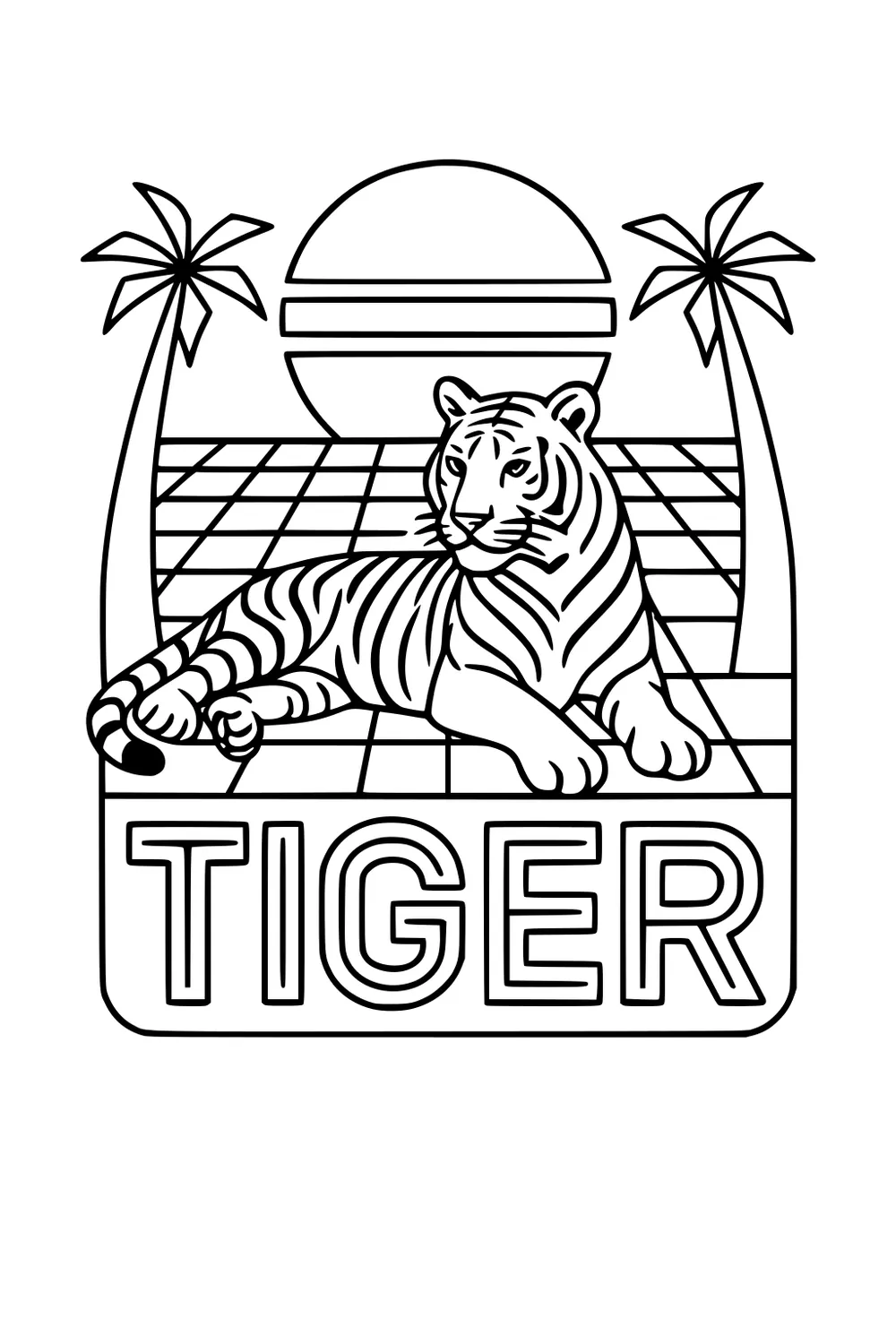 Tiger lying on tiled ground between two palm trees with the sun setting behind and the word TIGER at the bottom.