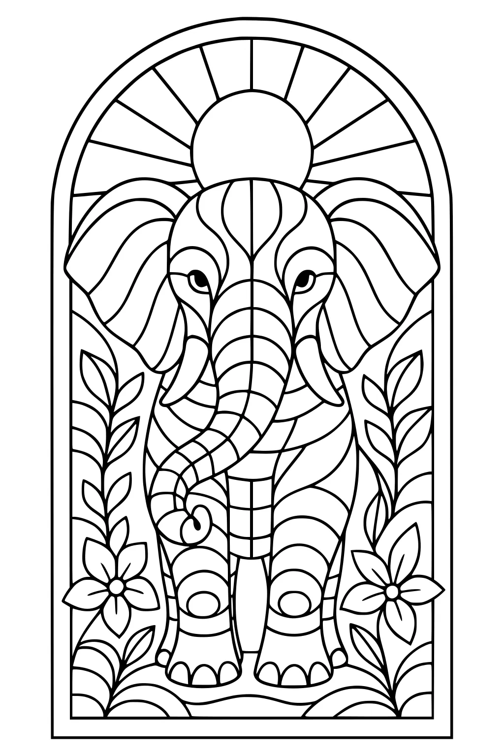 Elephant with patterned ears and trunk stands between flowers, leafy plants, and a sun in a window-shaped frame.