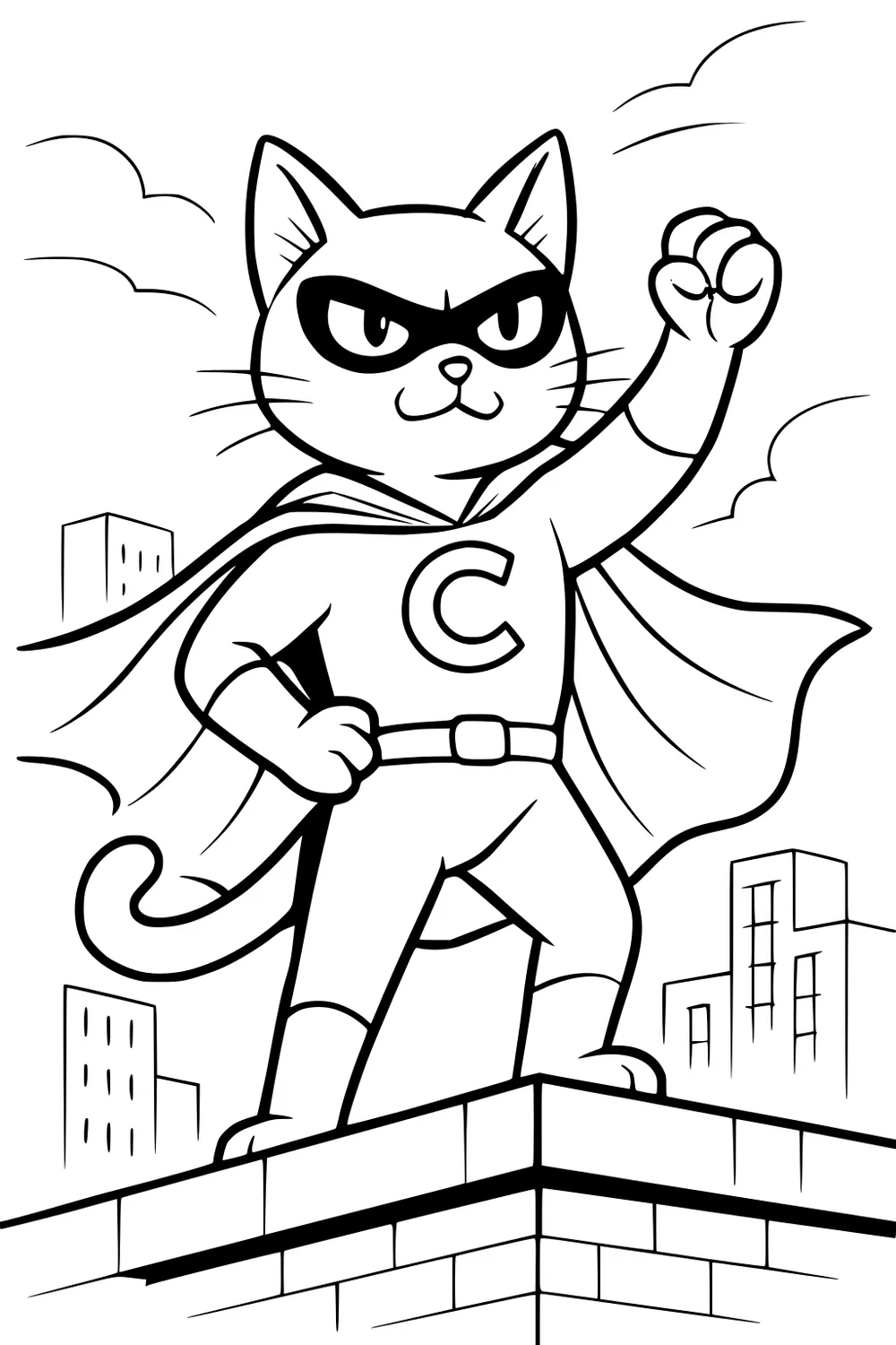 Superhero cat with a cape and mask standing on a city rooftop, fist in the air, with skyscrapers in the background.