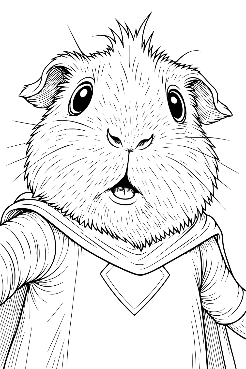 Guinea pig with superhero cape and badge, large eyes and mouth open, facing forward.