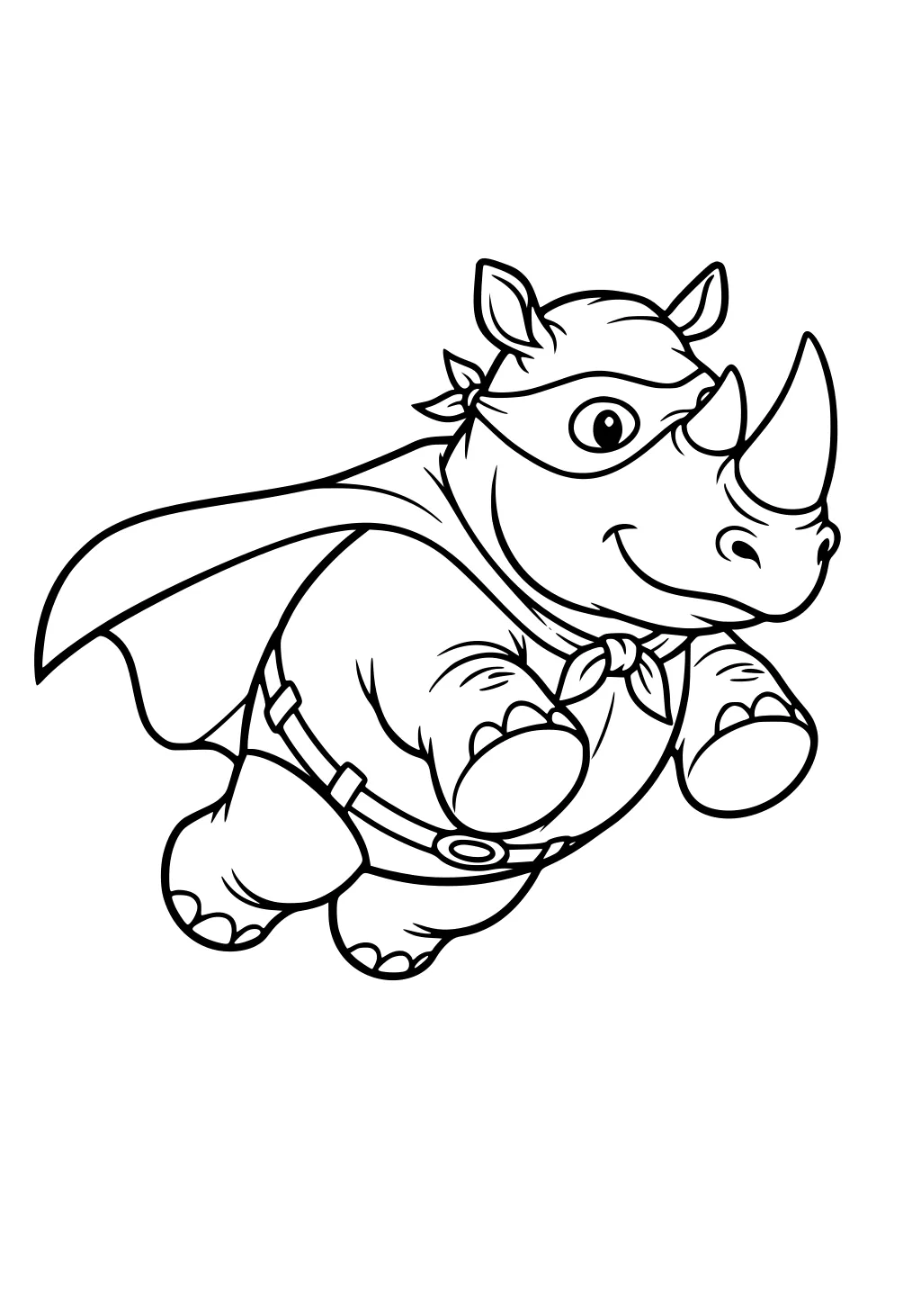 Smiling cartoon rhino dressed as a superhero with cape and mask, flying with legs outstretched and a happy face.