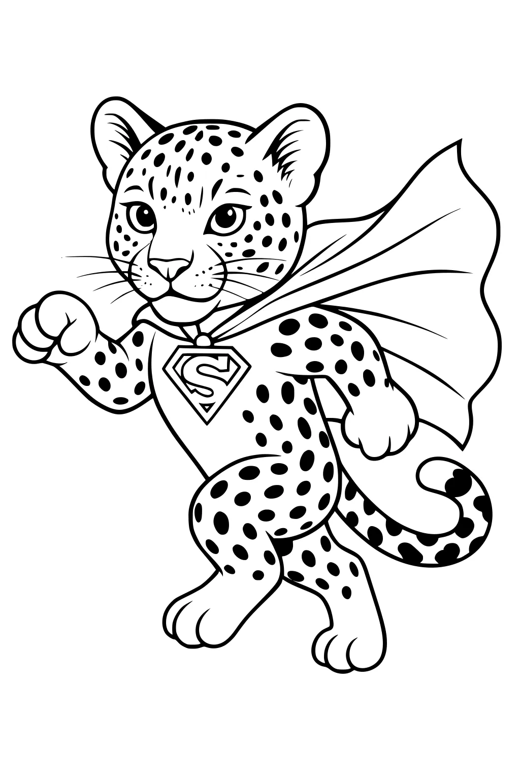 Cartoon leopard with spots in a superhero cape and costume leaping forward with a determined look.
