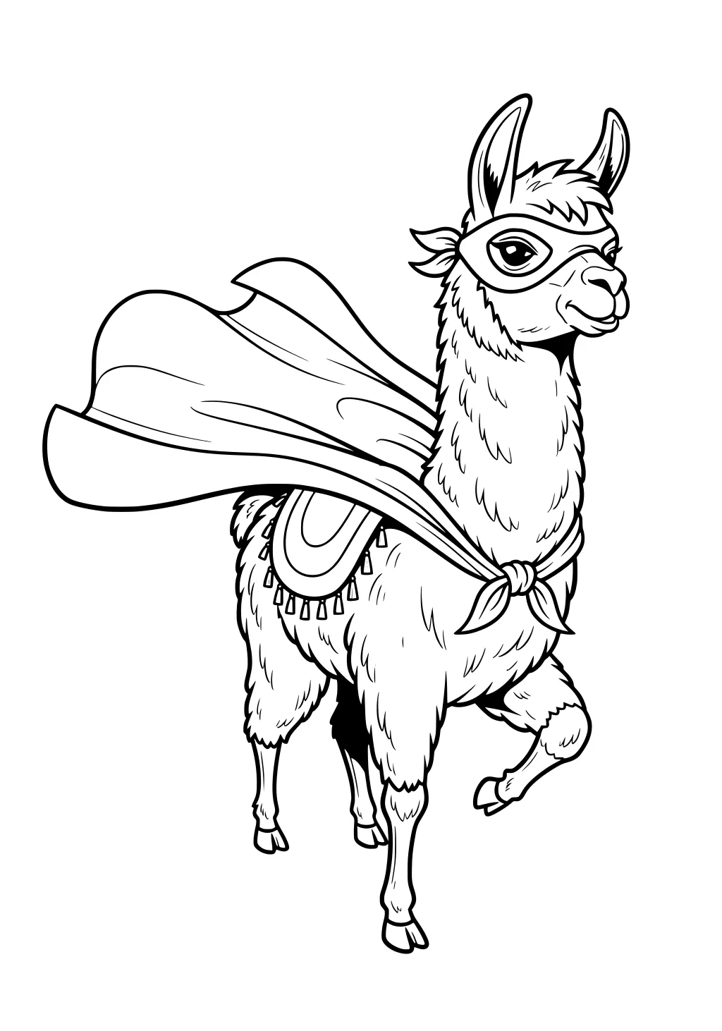 Superhero llama with cape, mask, and decorated blanket, standing tall with one leg raised.