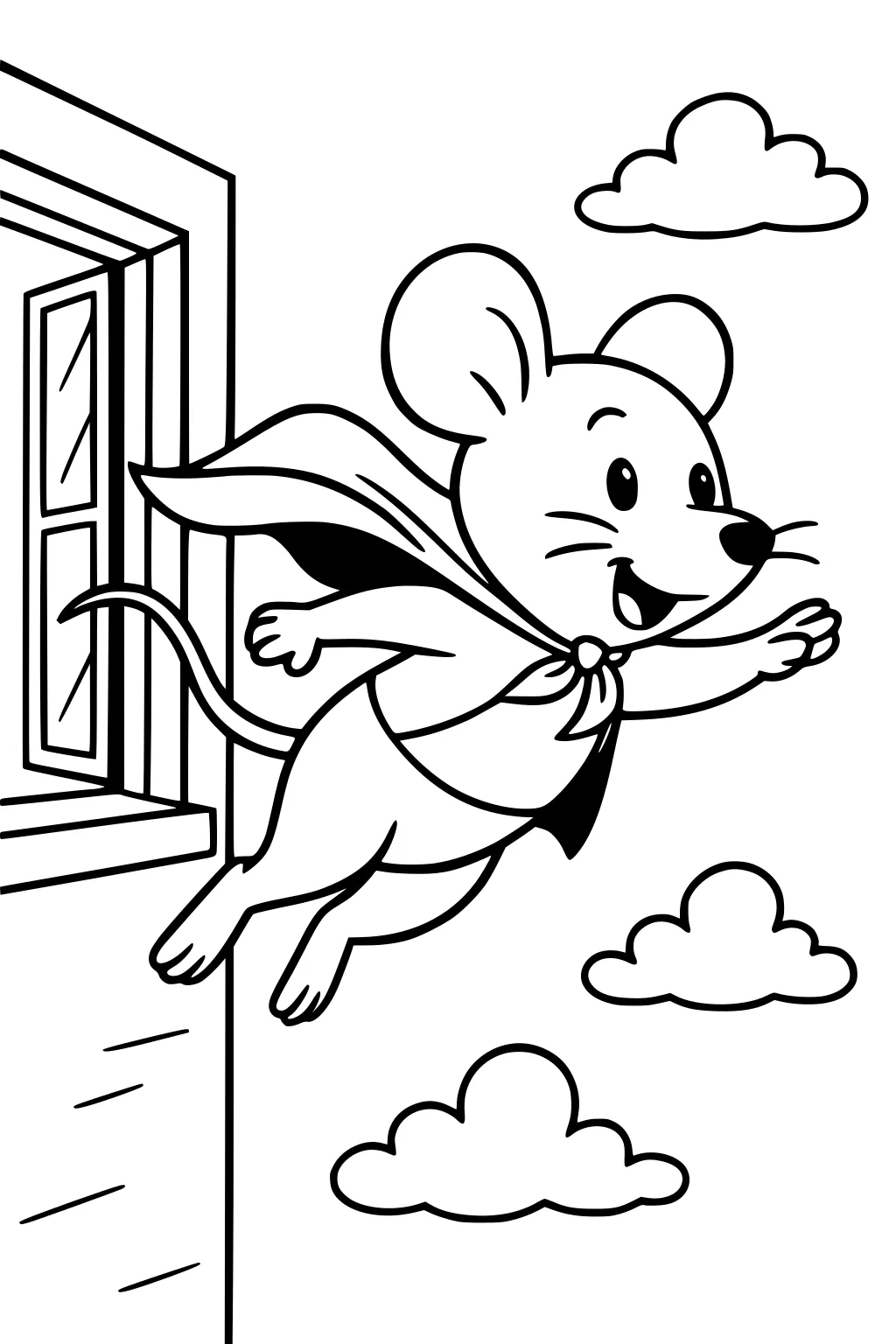 Mouse in cape flying out an open window with three clouds in the sky.