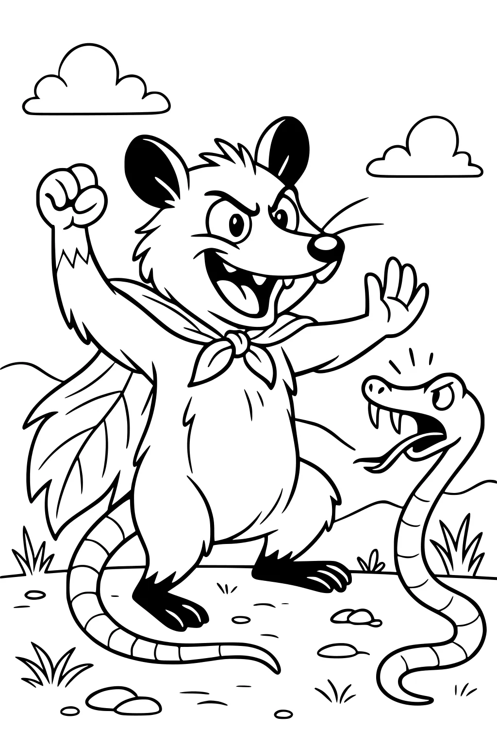 Superhero opossum with cape raising paw at growling snake on grassy ground with clouds in the background.