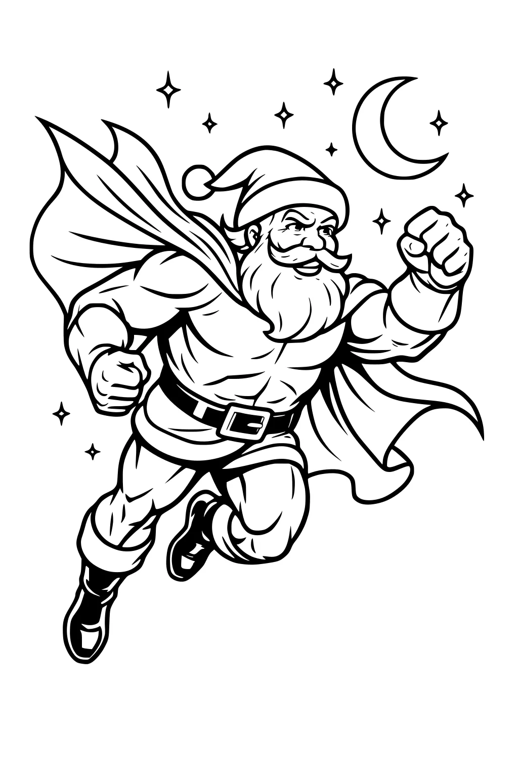 Superhero-style Santa flying with a billowing cape under a crescent moon and stars, fist forward, with boots and belt visible.