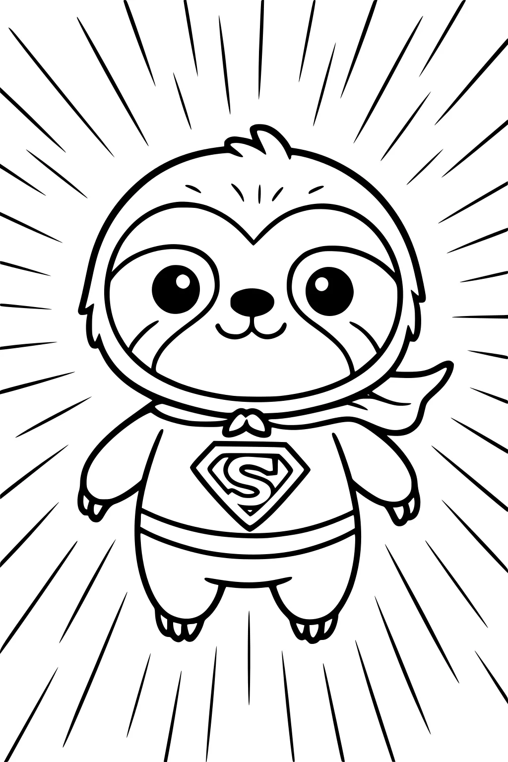 Cartoon sloth with superhero cape and S emblem floats with rays in background.