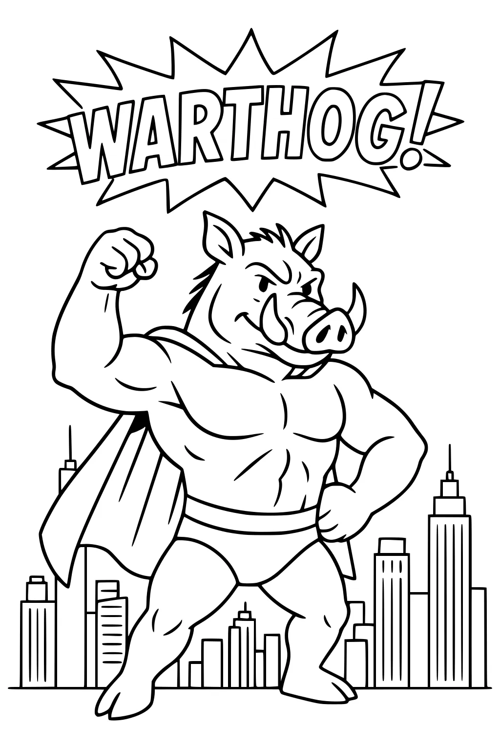 Muscular warthog superhero flexing in a cape with a city skyline and a comic-style 'Warthog' above him.