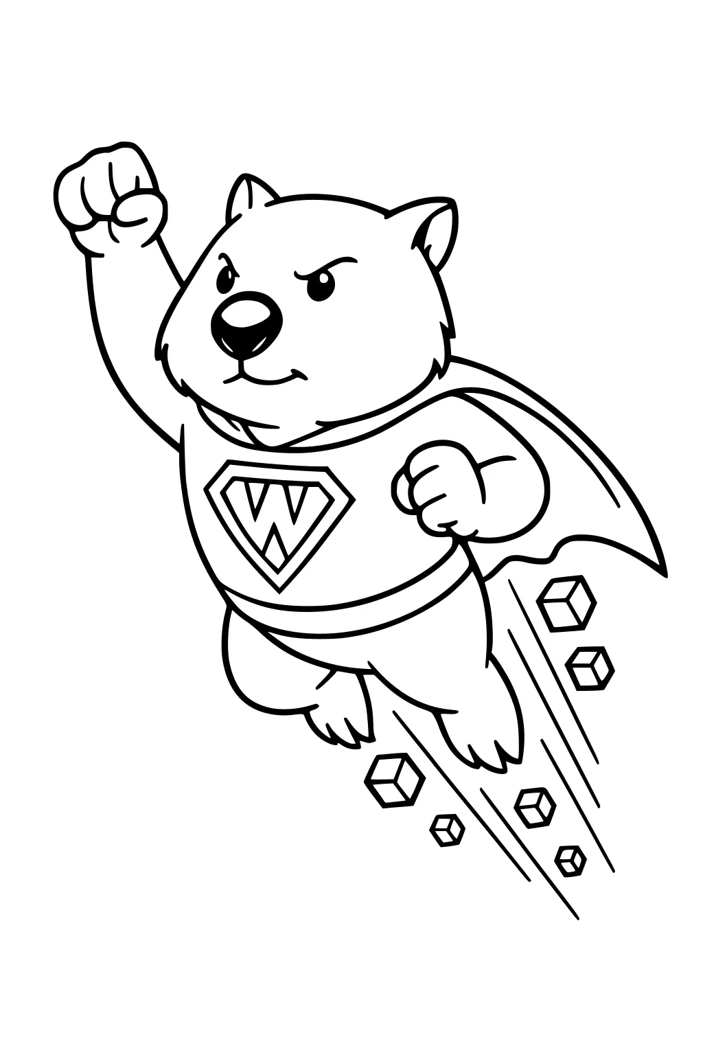 Wombat superhero with cape and W emblem flying above trees, fist raised, smiling, bold outline.