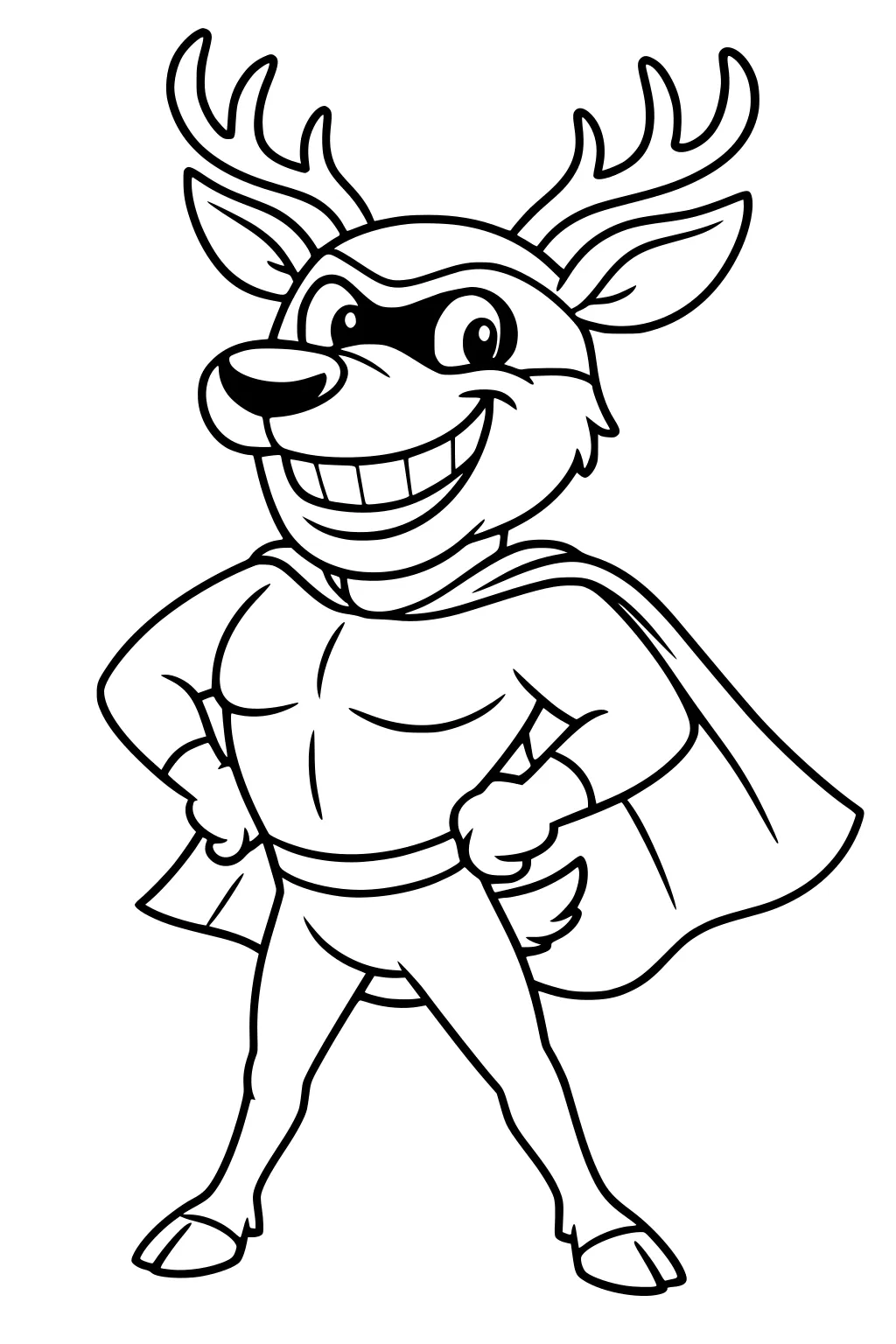 Deer cartoon character wearing a superhero cape and mask, smiling, with hands on hips and large antlers.
