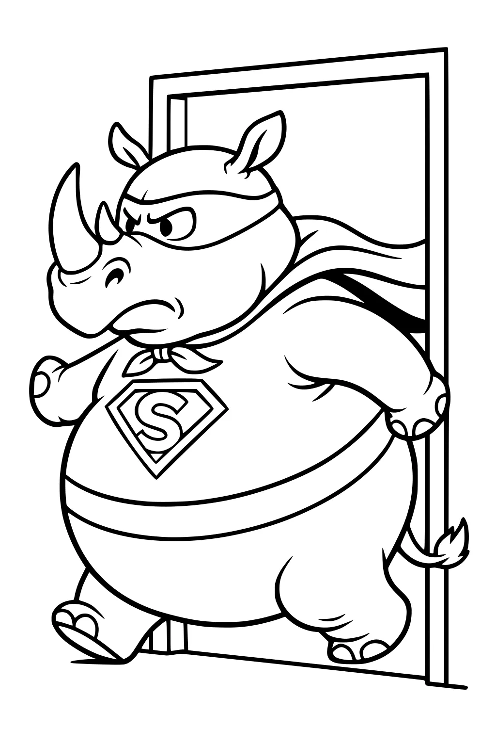 Cartoon rhinoceros in superhero outfit, mask, cape, and S logo stepping through a door.