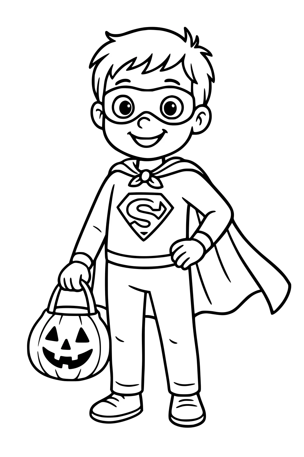 Boy superhero with mask and cape holding a jack-o'-lantern candy bucket, smiling and standing in simple Halloween line art.