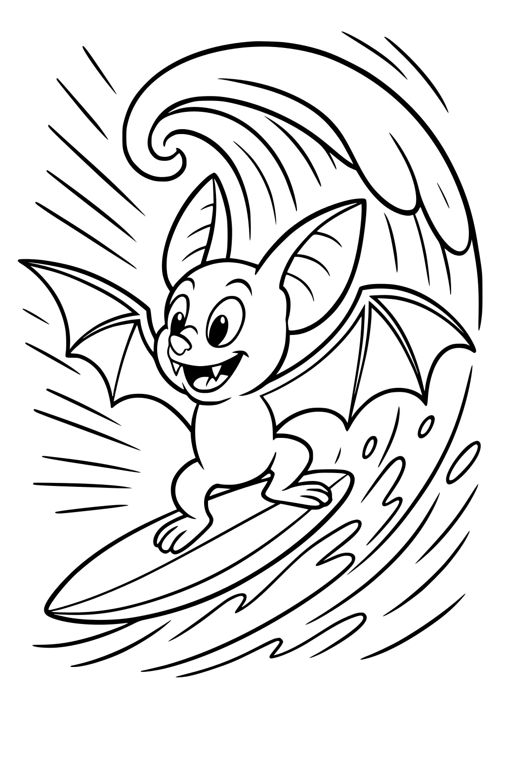 Cartoon bat with big ears surfing on a board under a large curling wave, wings open, water splashing around.