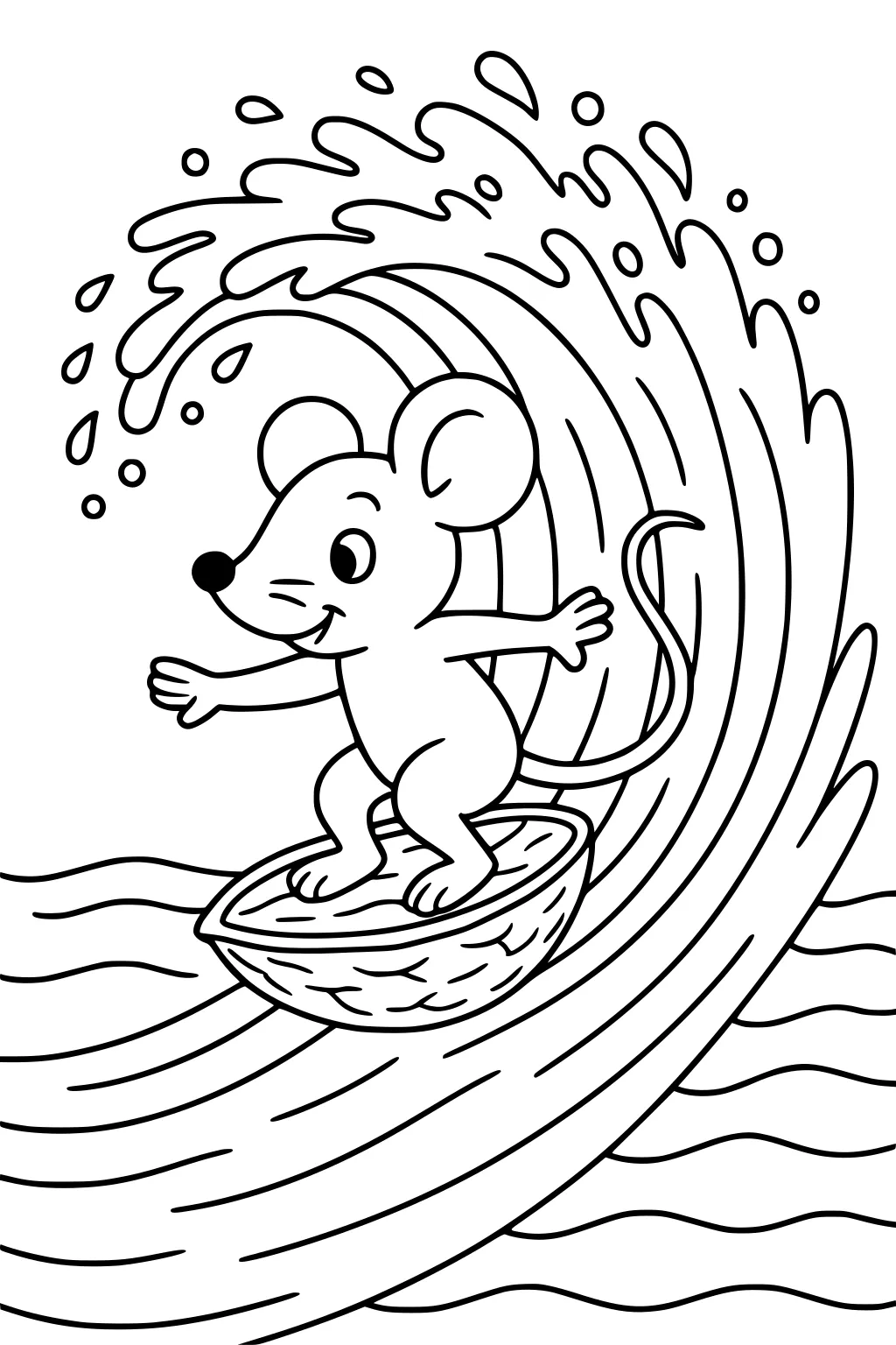 Mouse surfing on a walnut shell with a large curling wave and water splashes around him.