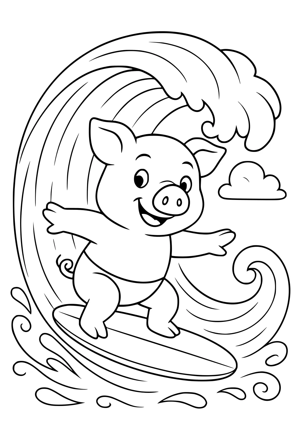 Cartoon pig surfing on a large wave with a surfboard and a single cloud in the background.