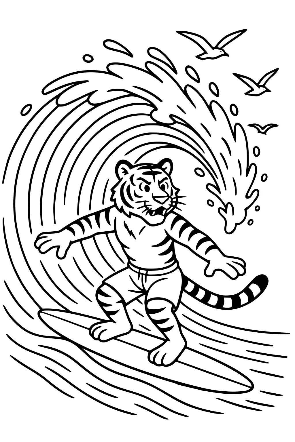 Tiger in shorts surfing a large ocean wave with seagulls overhead