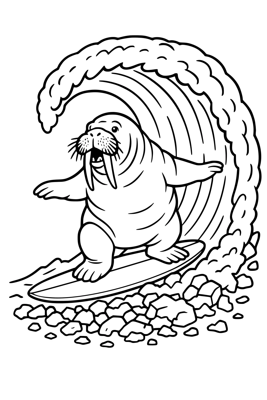 Walrus with tusks surfing on a board under a large curling wave, pebbles and foam beneath.