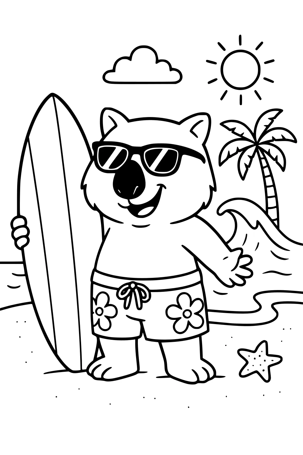 Cartoon wombat in sunglasses holding a surfboard on a sunny beach with wave, palm tree, cloud, and a starfish.