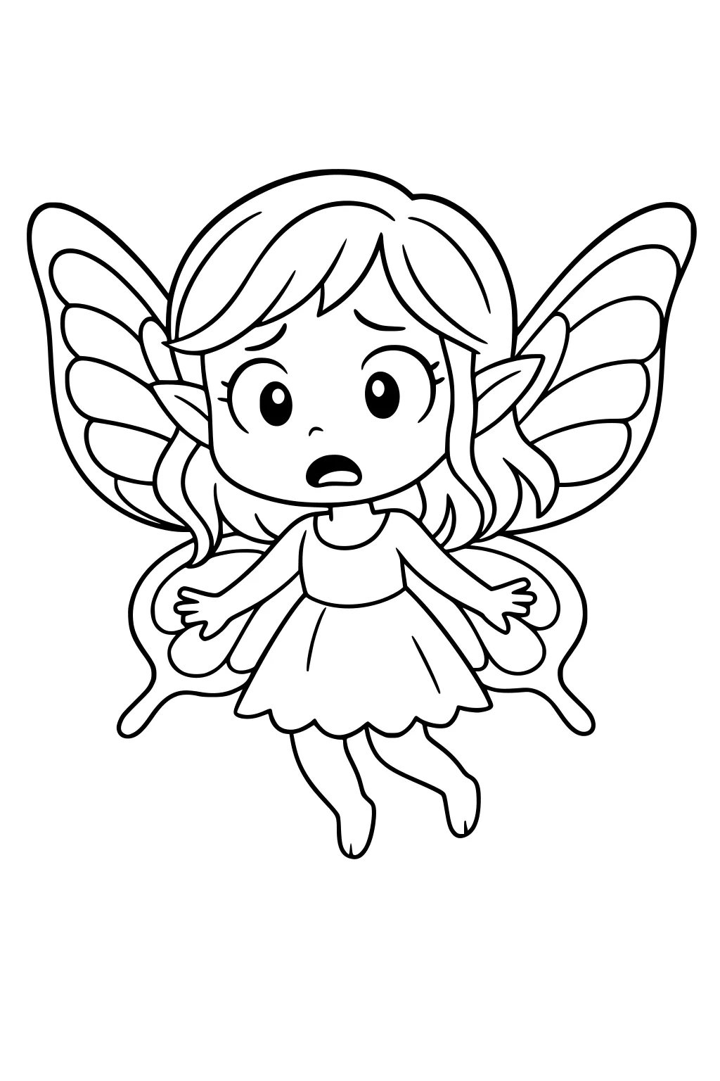 Cartoon fairy girl with butterfly wings, wavy hair, scalloped dress, surprised face, floating with arms out, drawn in simple outlines.