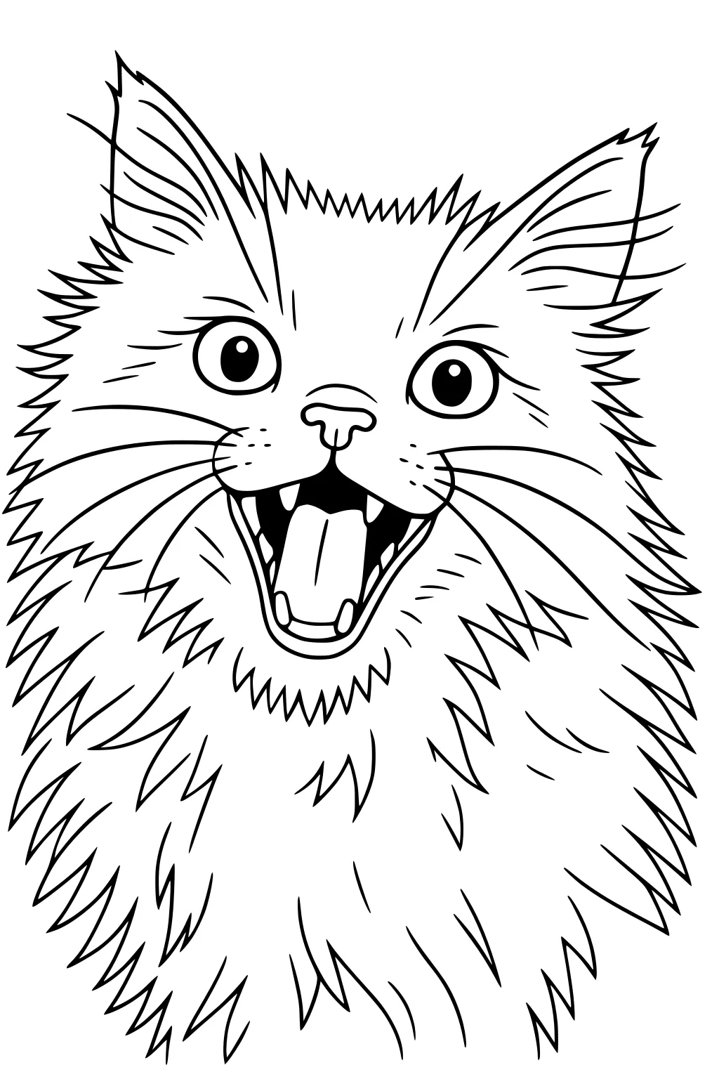 Line drawing of a fluffy cat with mouth open, big round eyes, long whiskers, and tufted ears.