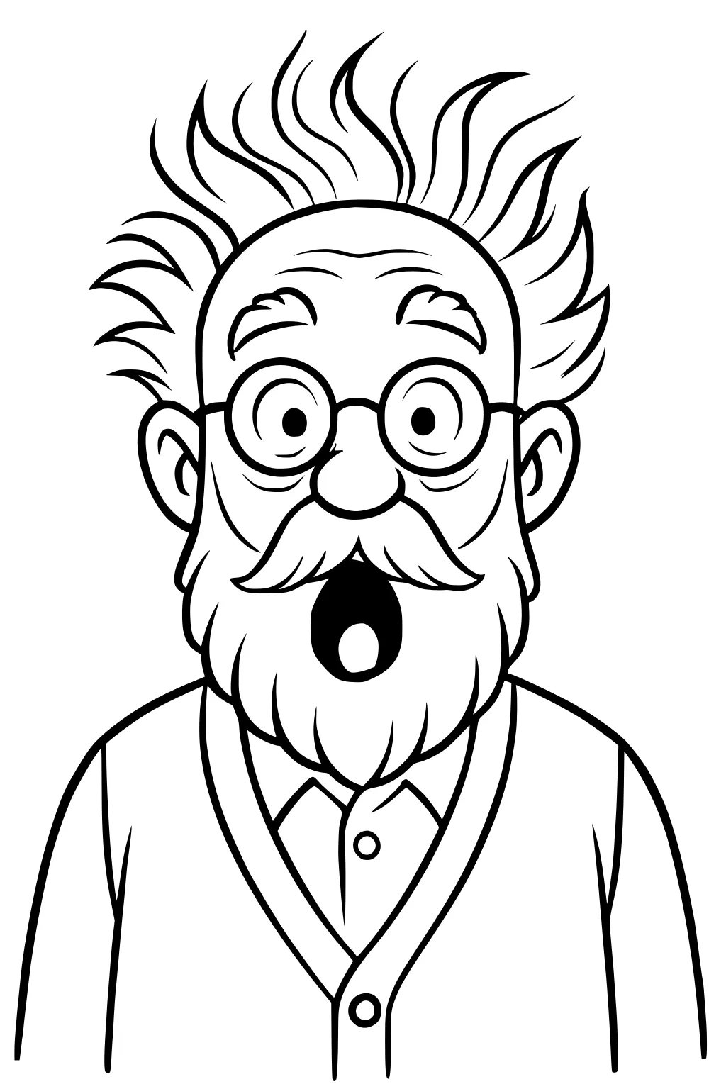 Cartoon grandpa with wild hair, round glasses, thick beard, open mouth, wearing a cardigan over a collared shirt.