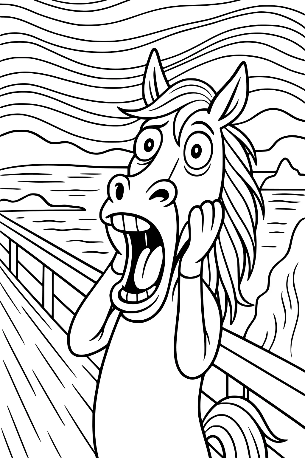 Goofy horse with wide eyes and open mouth stands on boardwalk, swirling lines in sky and hills behind.