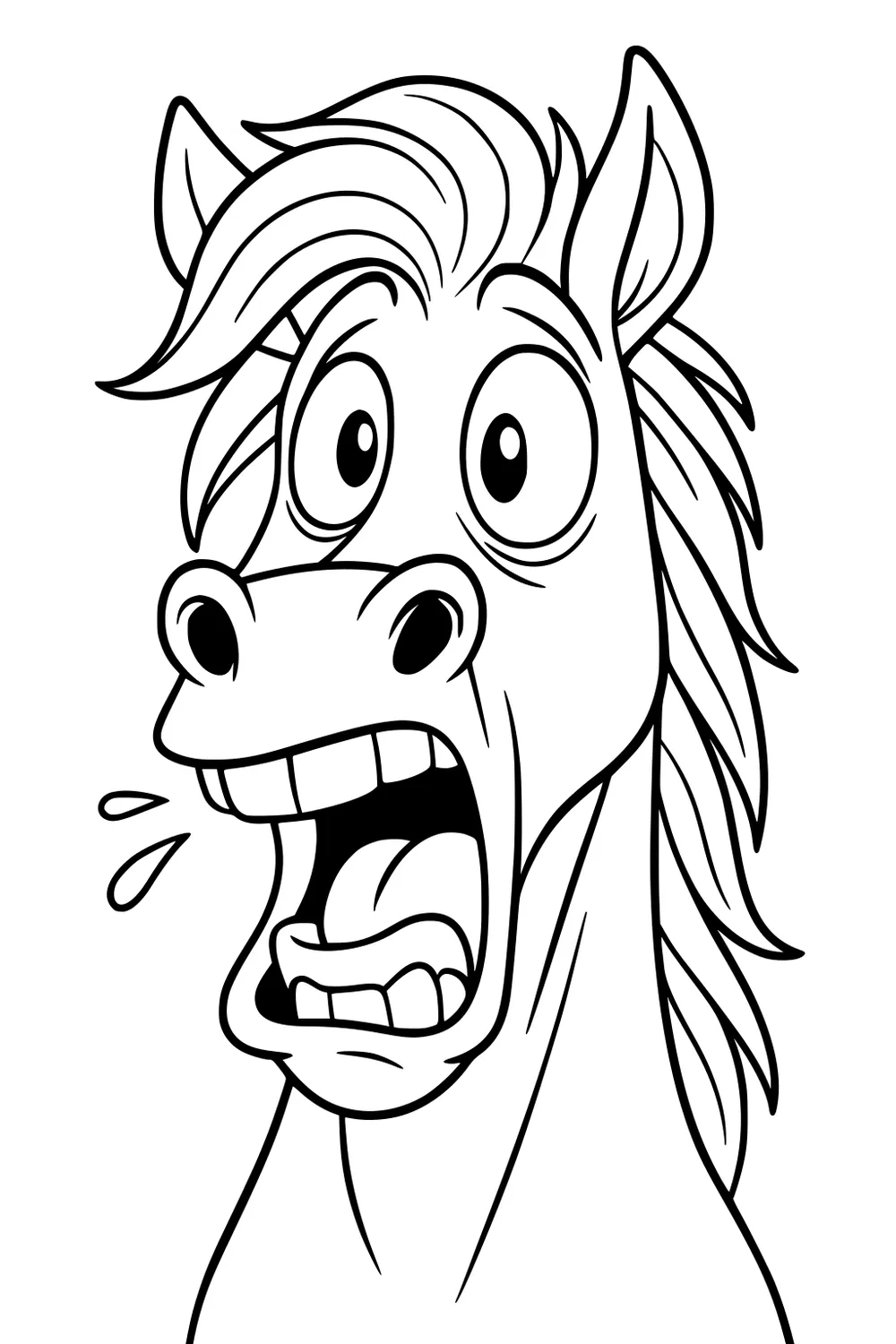 Cartoon horse with wide eyes, messy mane, open mouth, tongue out and water drops flying from his mouth.