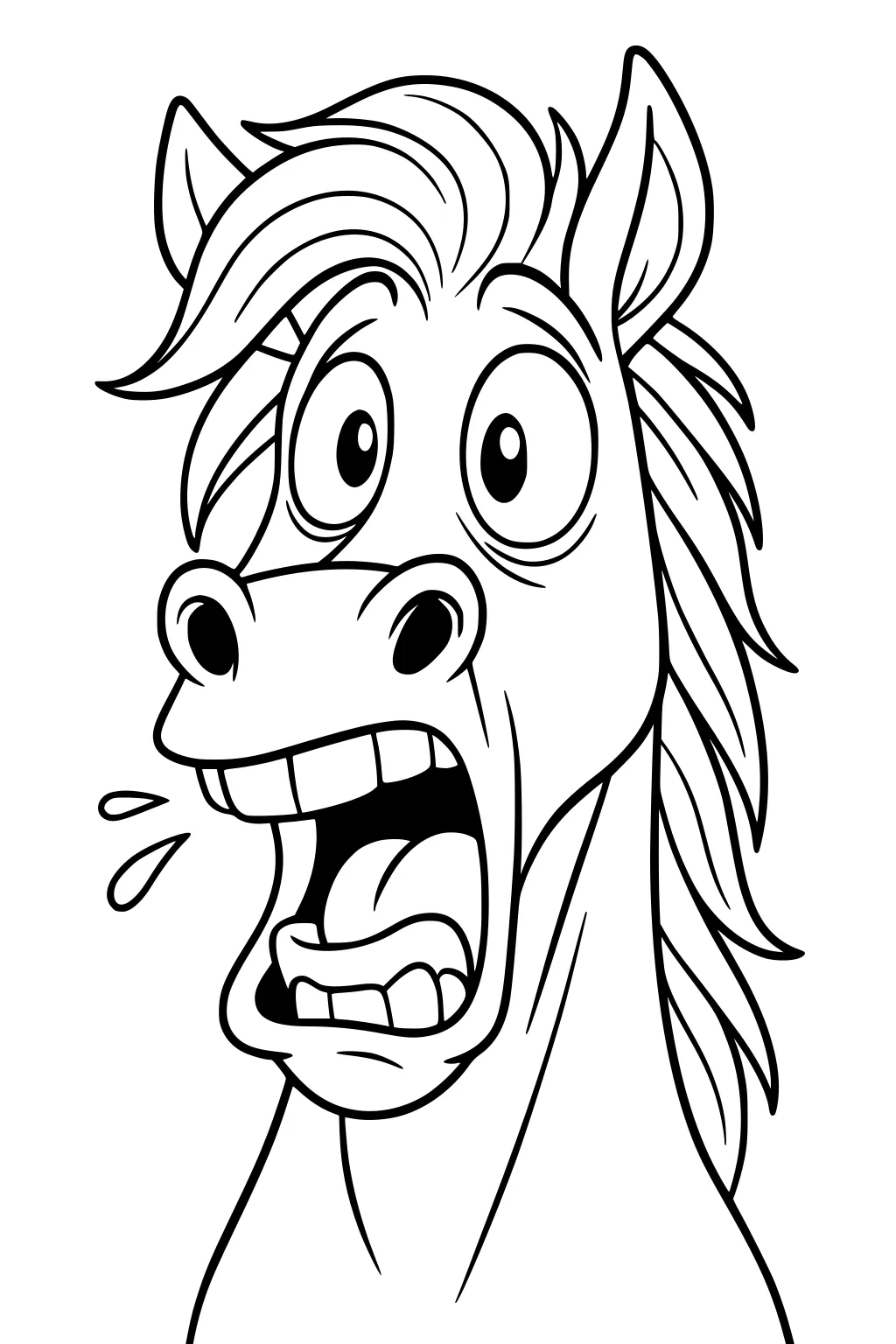 Cartoon horse with wide eyes, messy mane, open mouth, tongue out and water drops flying from his mouth.