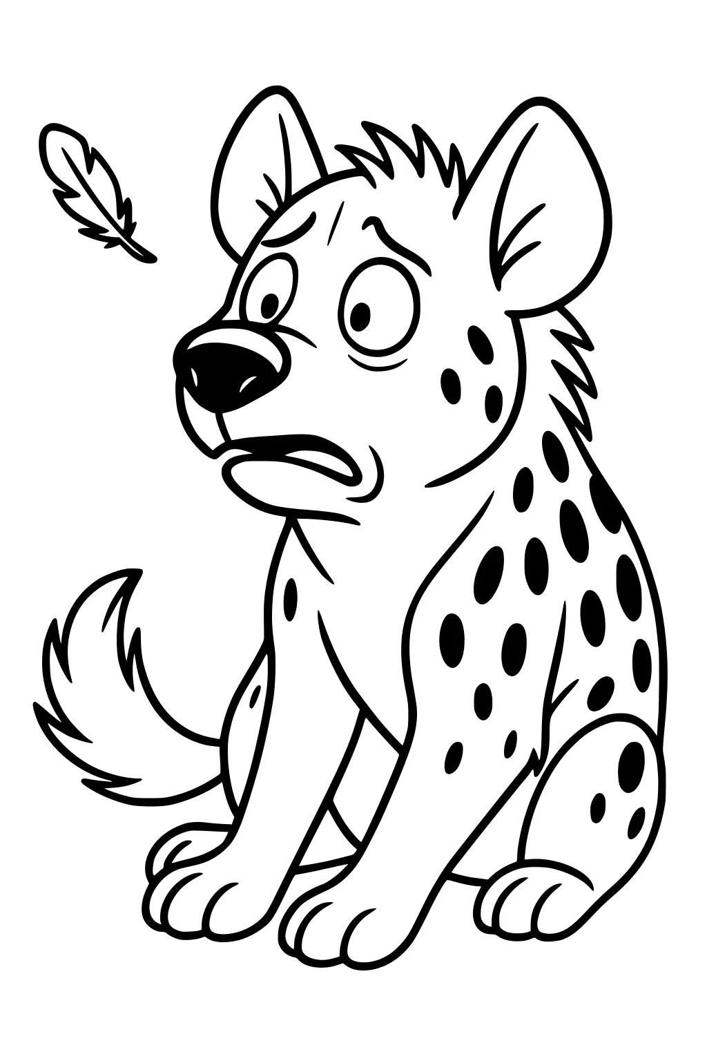 Cartoon hyena sitting with wide eyes, looking at a floating feather. Spotted fur, bushy tail, and large alert ears.