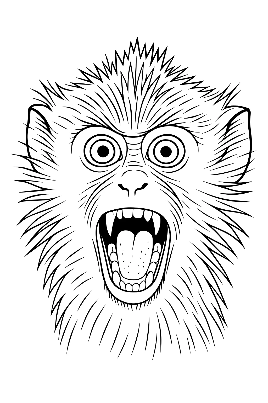 Line drawing of a monkey's head with mouth wide open, large round eyes, spiky fur, and visible teeth.