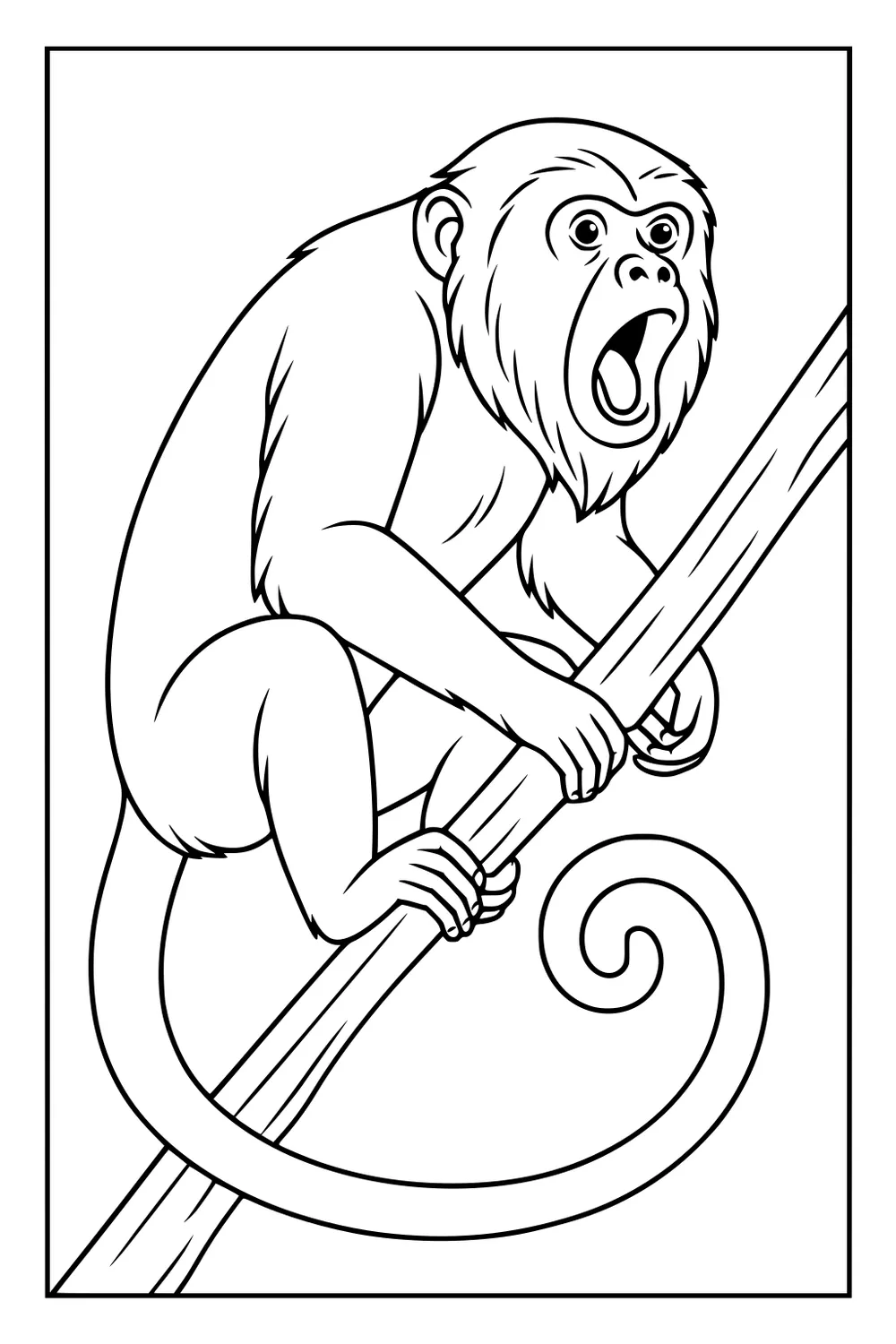A surprised monkey with shaggy fur clings to a branch, mouth open wide and tail curled under him.